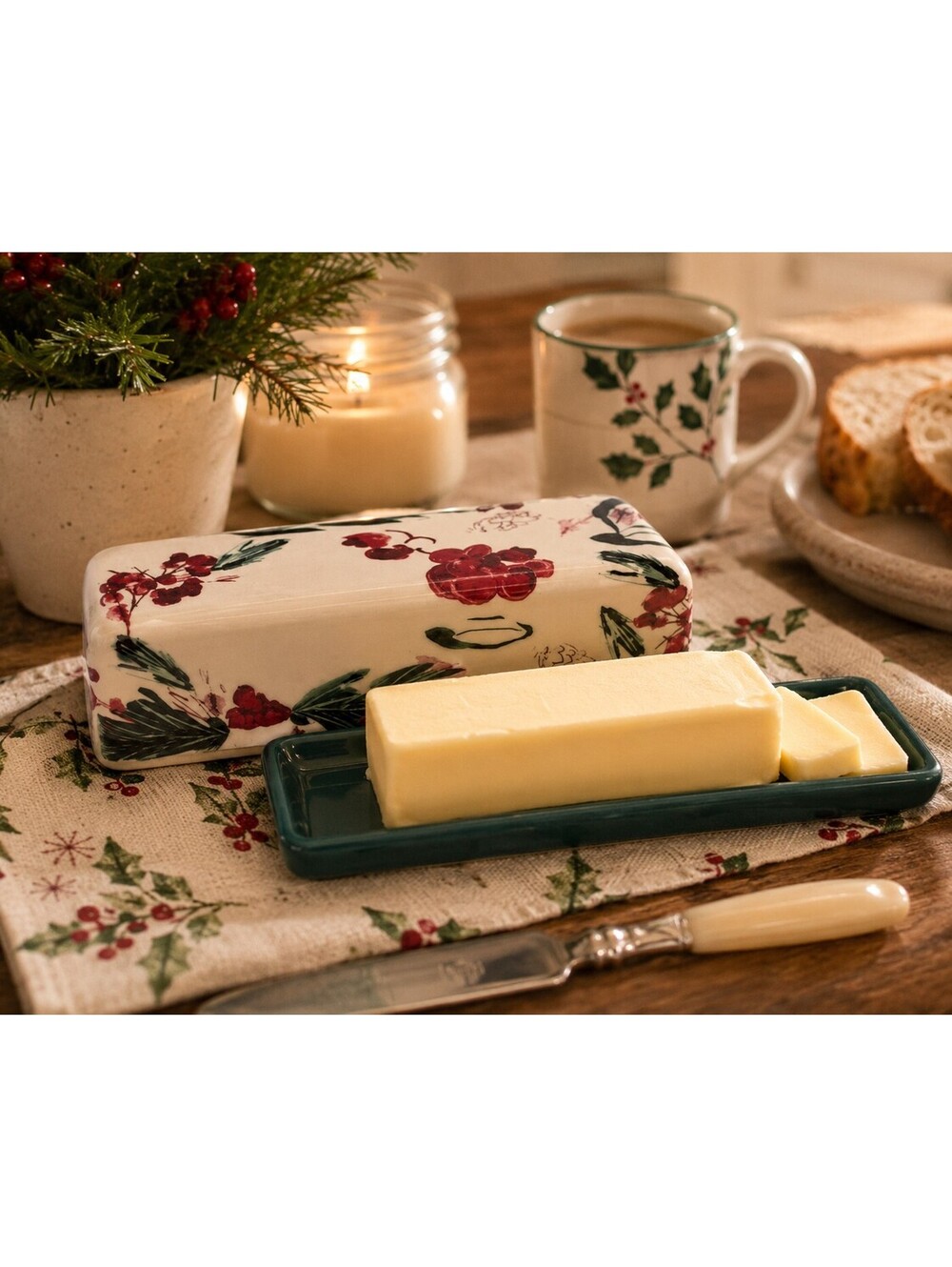Anthropologie Holly Berry Stoneware Butter Dish Green Base Holiday Kitchen Decor